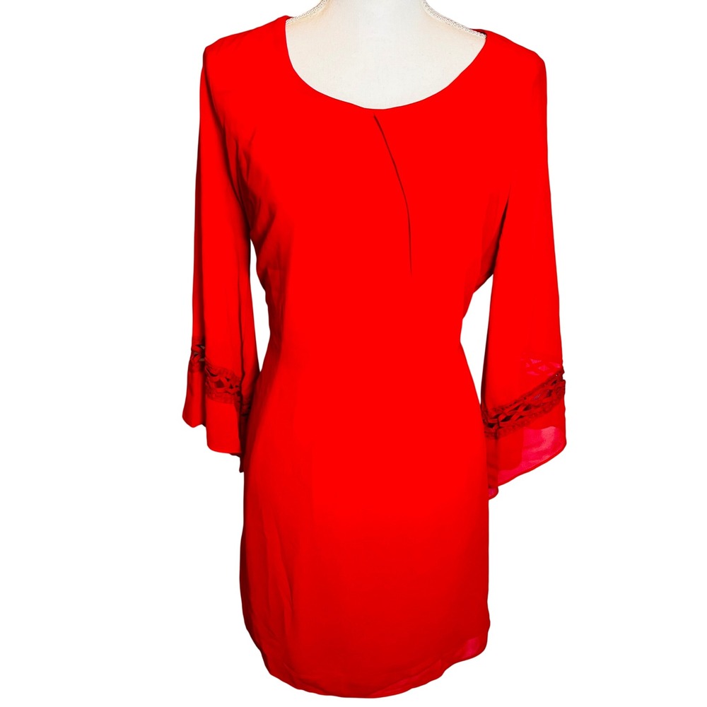 By & By Red Bell Sleeve Crochet Lace Accent Shift Dress Womens‎ Large Boho Mini